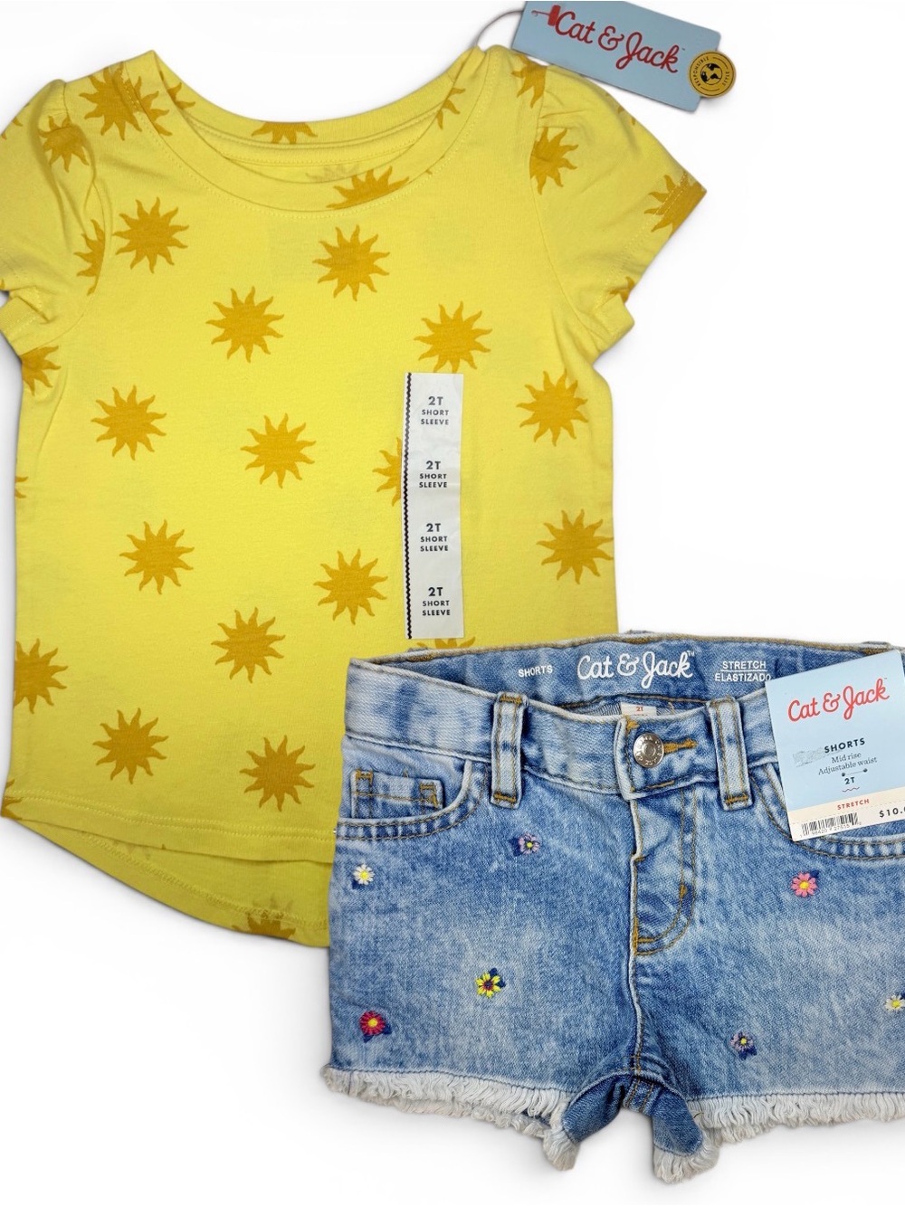 Cat & Jack Sun Print Outfit 2T Toddler Girl Shirt & Denim Shorts NEW
